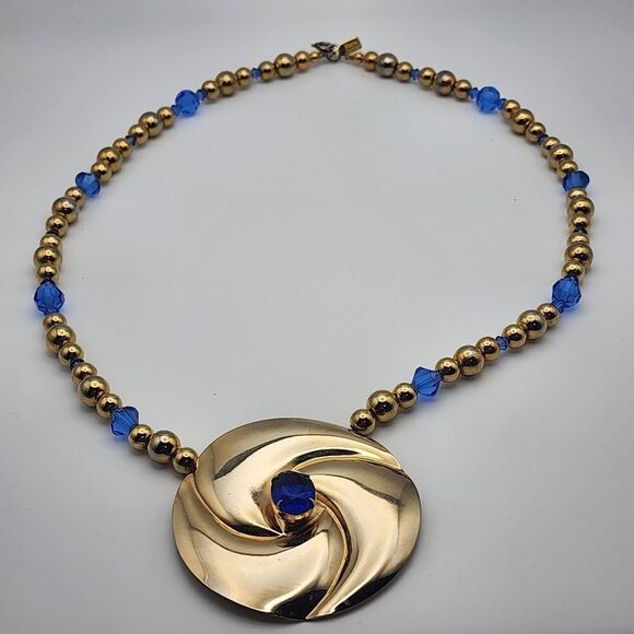 Vintage Karla Jordan Gold Tone & Blue Necklace - Picture 3 of 5